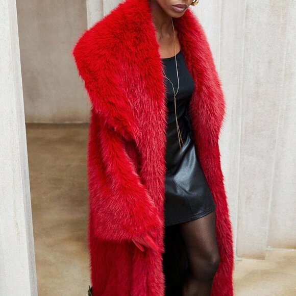 Red Casual Women's Faux Fur Jacket Coat - Picture 7 of 8